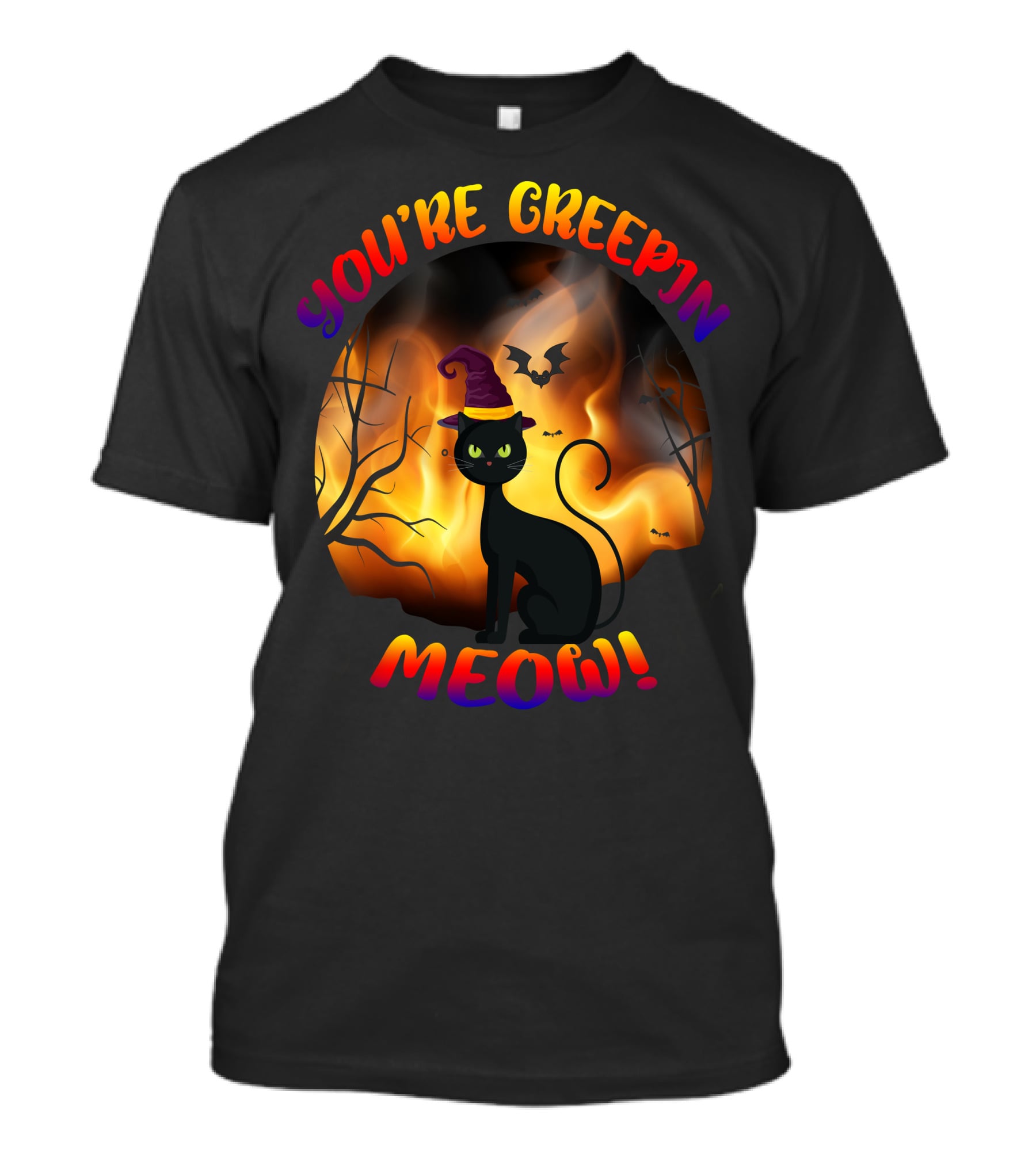 You’re Creepin Meow Halloween Cat Bat Scene T-Shirt