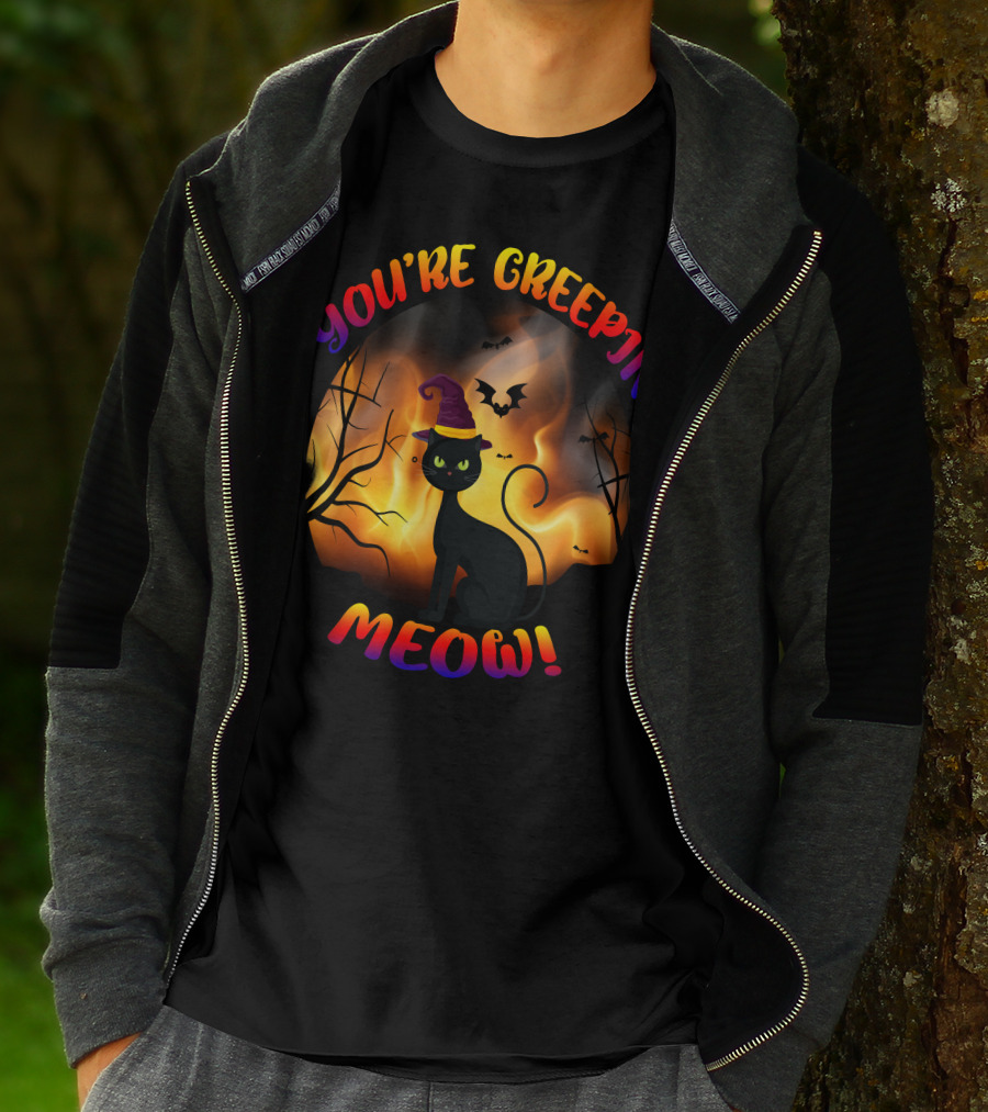You’re Creepin Meow Halloween Cat Bat Scene T-Shirt