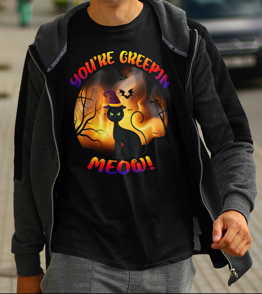 You’re Creepin Meow Halloween Cat Bat Scene T-Shirt