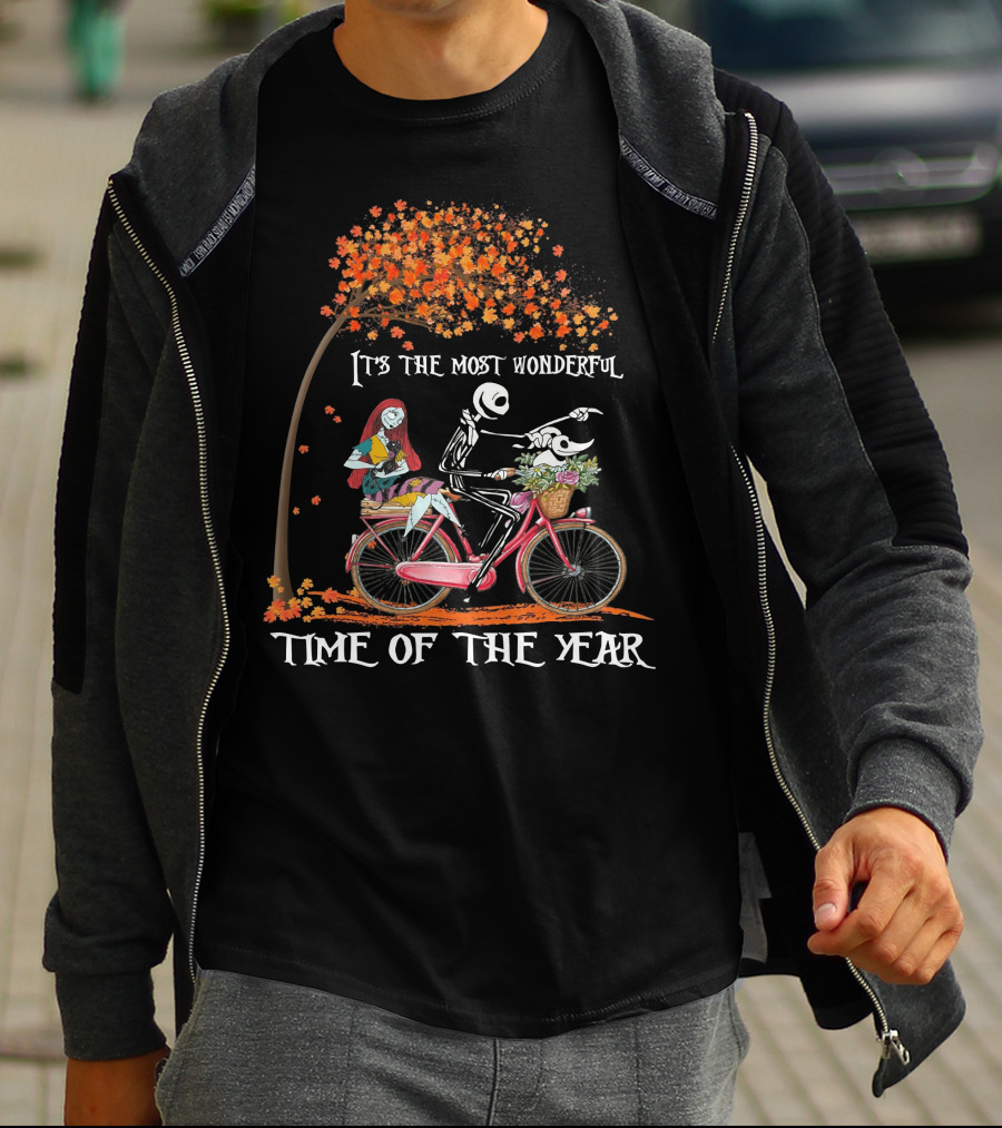 It's The Most Wonderful Time Of The Year Jack And Sally Bike Autumn Leaves T-Shirt