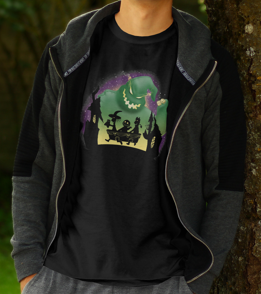 Boogie Lock Shock And Barrel Silhouette Against Green Monster And Haunted House Background T-Shirt