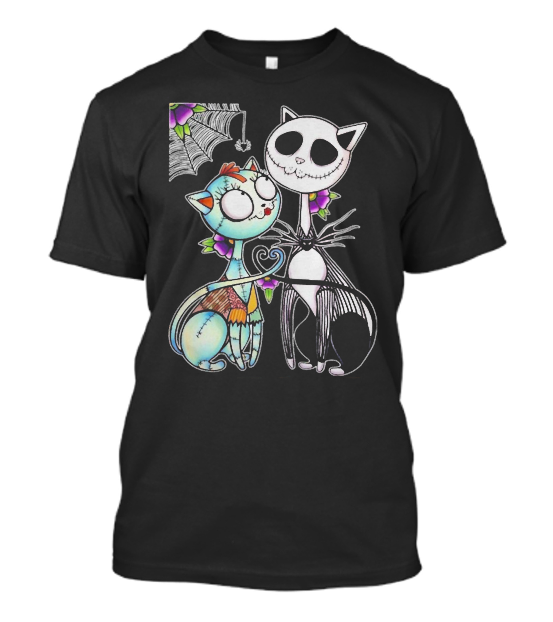 Jack Skellington Cat And Sally Cat With Heart Umbrella And Stitching Elements T-Shirt