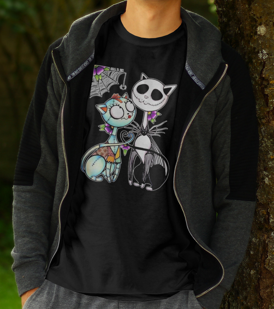 Jack Skellington Cat And Sally Cat With Heart Umbrella And Stitching Elements T-Shirt