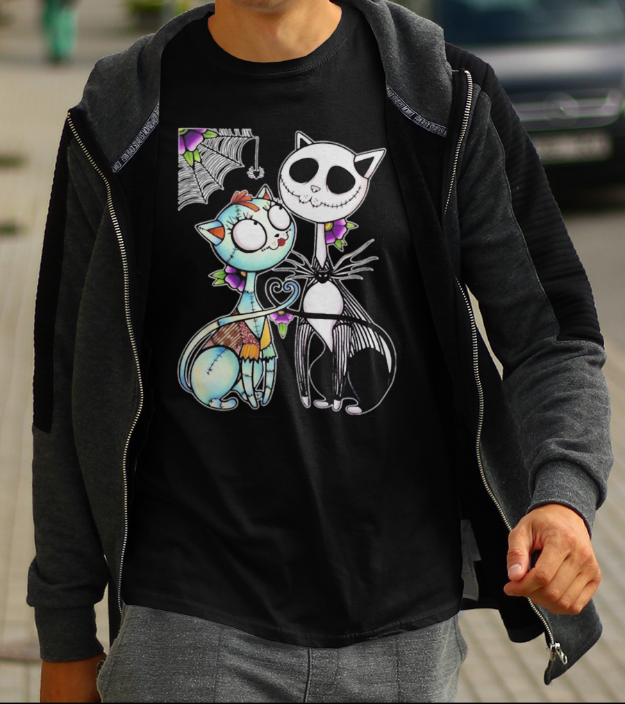 Jack Skellington Cat And Sally Cat With Heart Umbrella And Stitching Elements T-Shirt