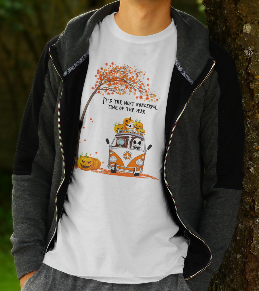 It's The Most Wonderful Time Of The Year Jack Sally Zero And Pumpkin In Van With Tree And Autumn Leaves T-Shirt