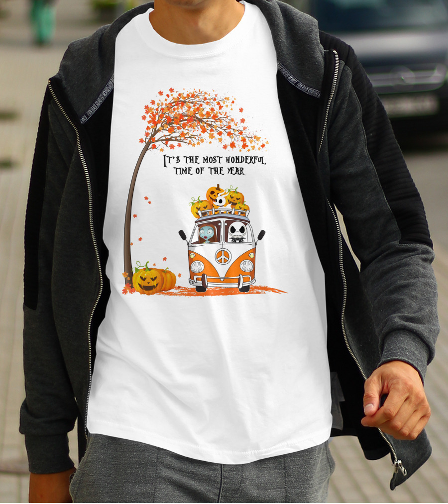 It's The Most Wonderful Time Of The Year Jack Sally Zero And Pumpkin In Van With Tree And Autumn Leaves T-Shirt
