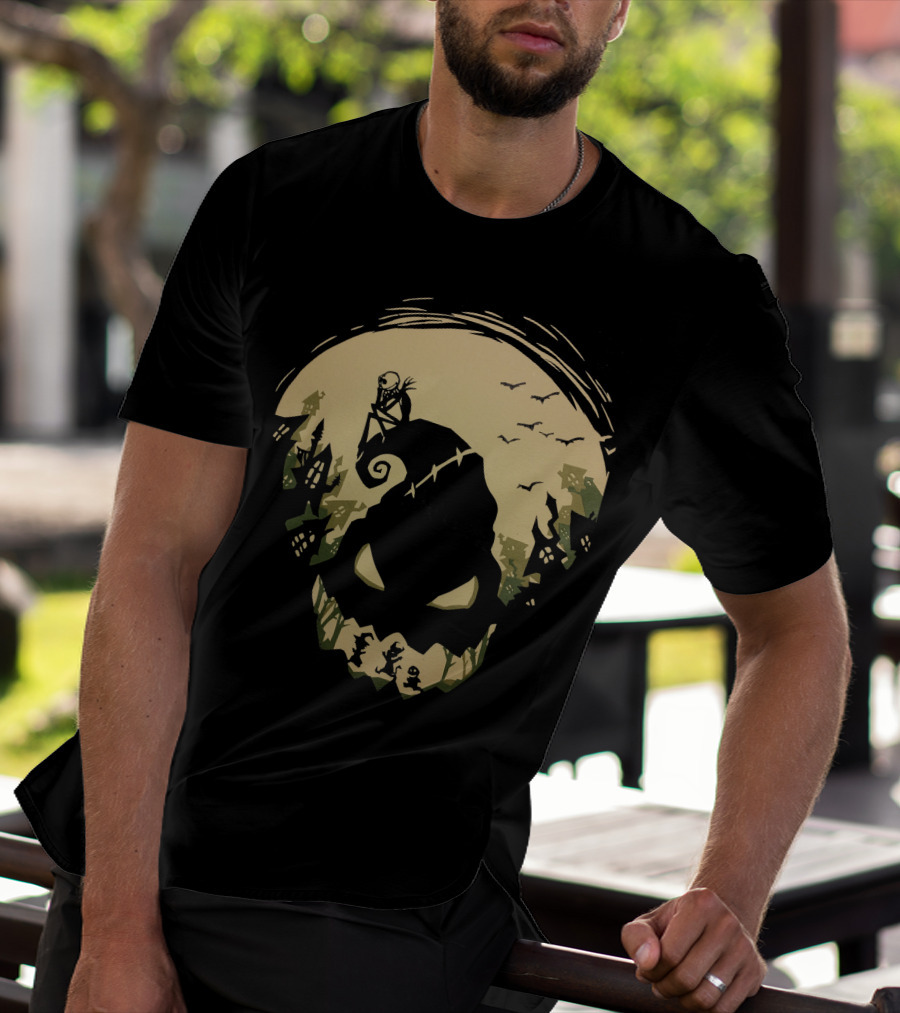 Jack Skellington Sitting On Curved Hilltop Over Oogie Boogie With Walking Figures And Bats In Spooky Moonlit Landscape T-Shirt