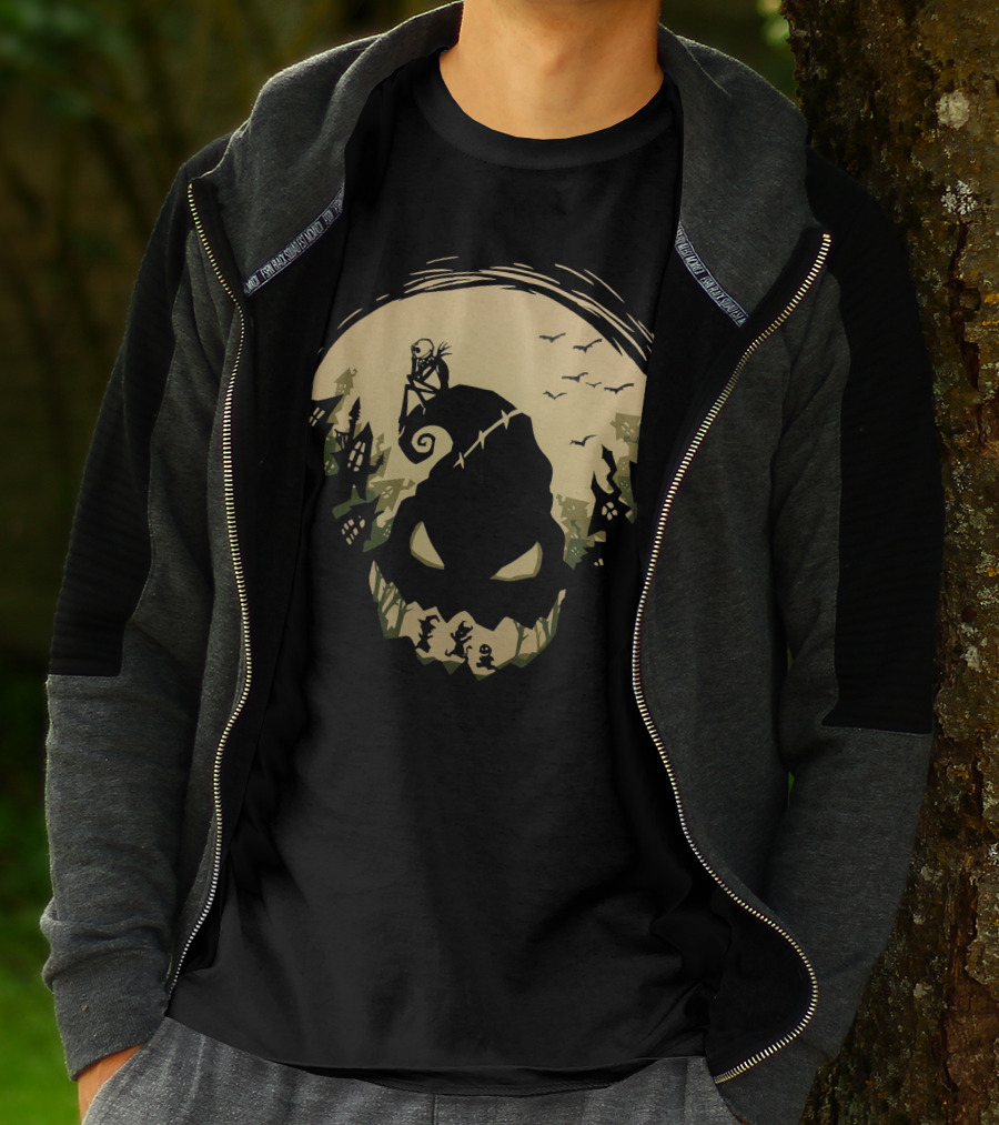 Jack Skellington Sitting On Curved Hilltop Over Oogie Boogie With Walking Figures And Bats In Spooky Moonlit Landscape T-Shirt