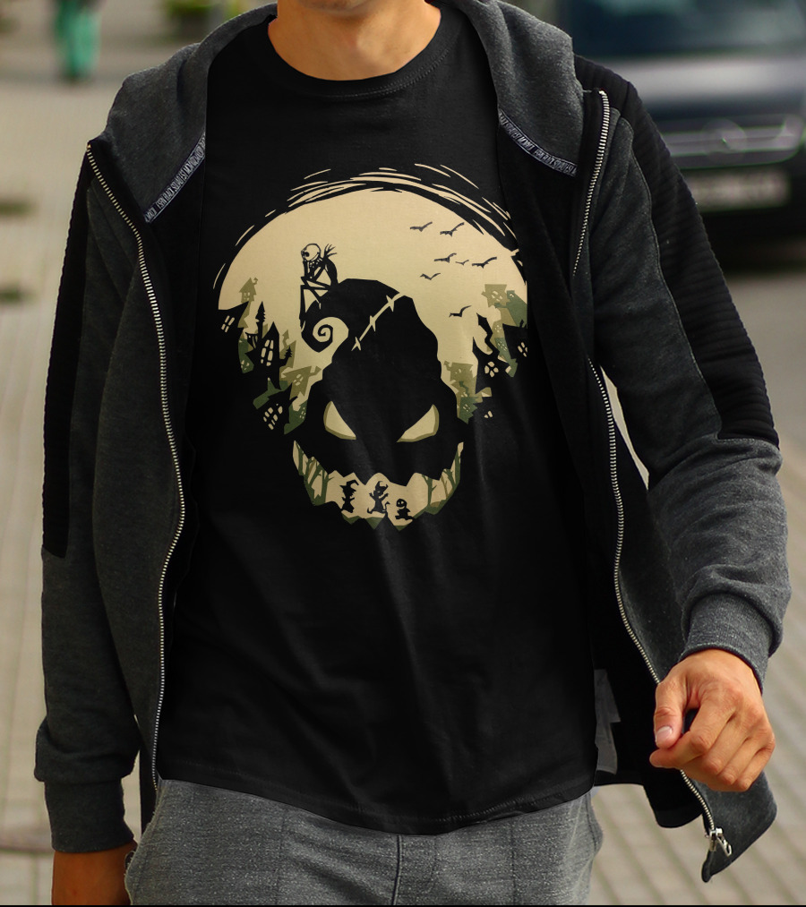 Jack Skellington Sitting On Curved Hilltop Over Oogie Boogie With Walking Figures And Bats In Spooky Moonlit Landscape T-Shirt