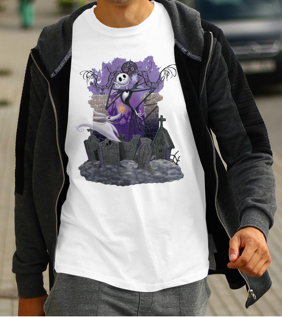 Jack Skellington Zero RIP Graveyard Scene With Ghostly Dog And Gothic Elements T-Shirt