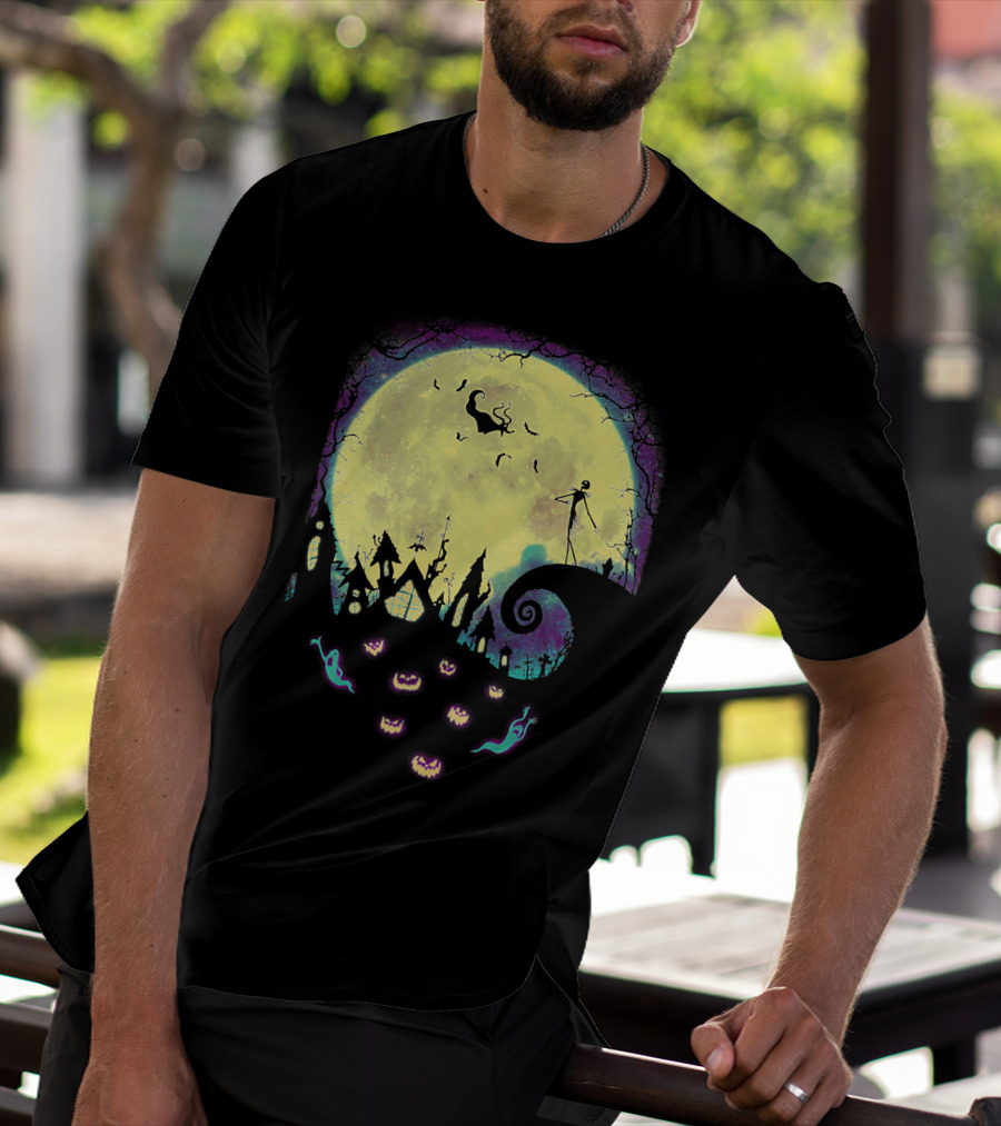 Jack Zero Moonlit Halloween Scene With Ghostly Pumpkins T-Shirt