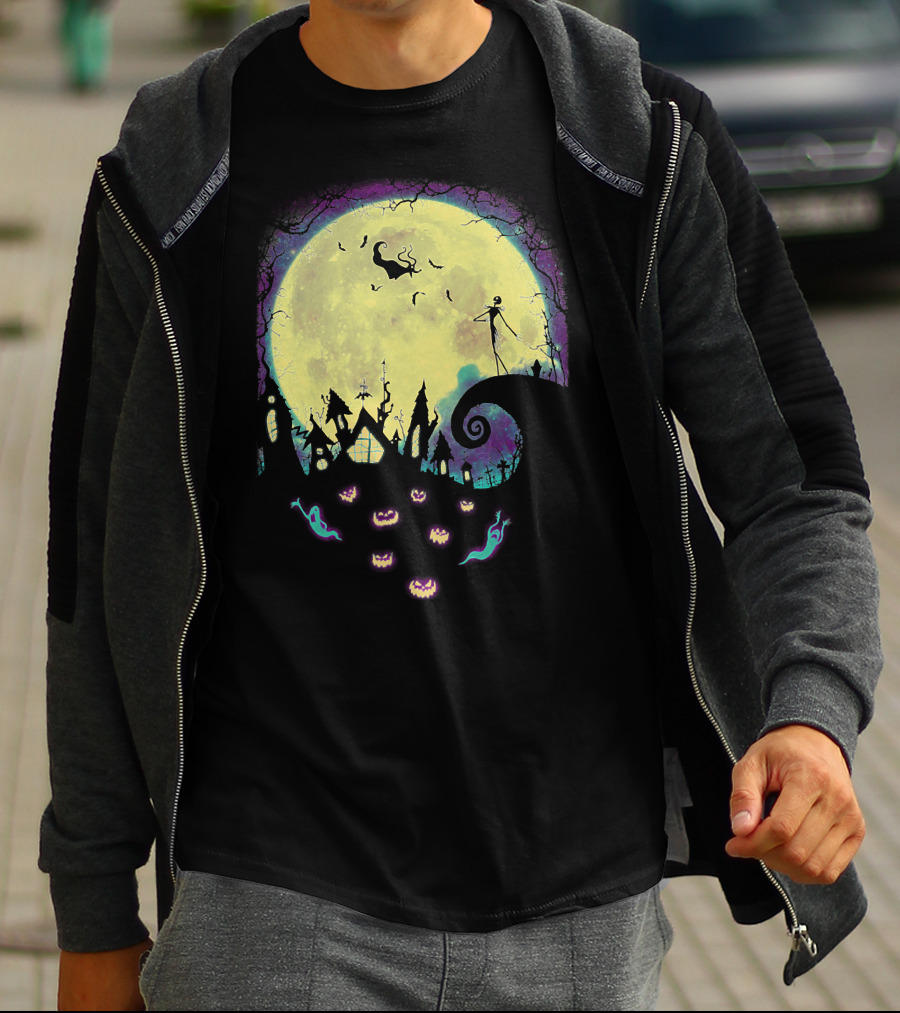 Jack Zero Moonlit Halloween Scene With Ghostly Pumpkins T-Shirt