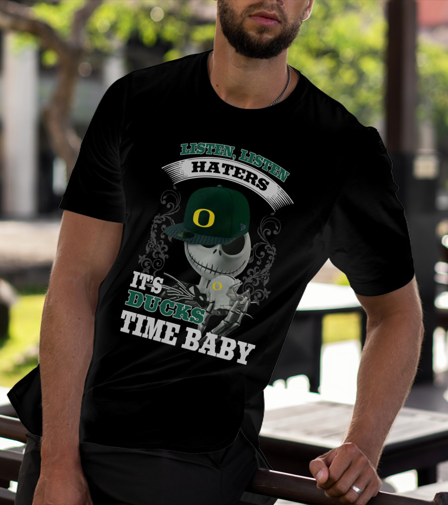 Listen Haters It's Ducks Time Baby Skeleton Wearing Green Baseball Cap With O T-Shirt