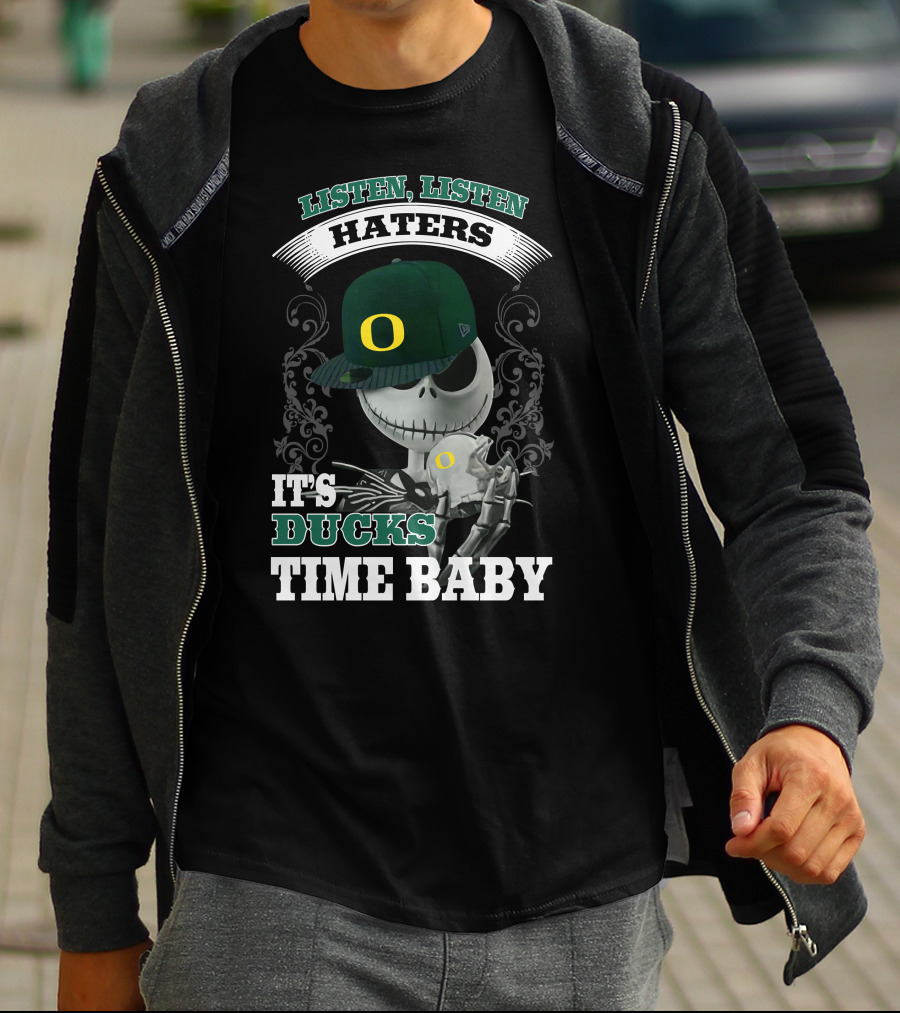 Listen Haters It's Ducks Time Baby Skeleton Wearing Green Baseball Cap With O T-Shirt