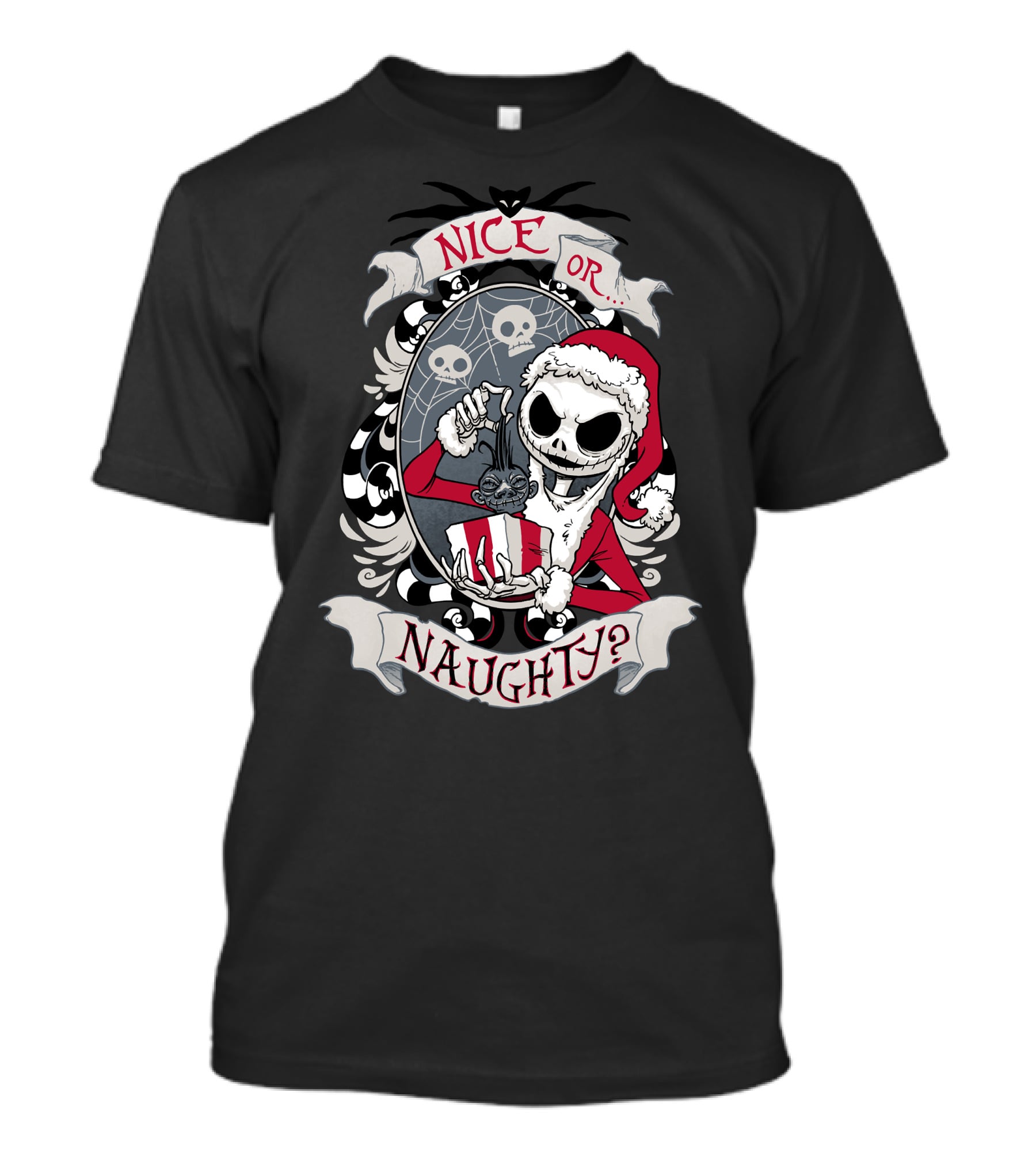 Nice Or Naughty Santa Skeleton With Skull Background T-Shirt
