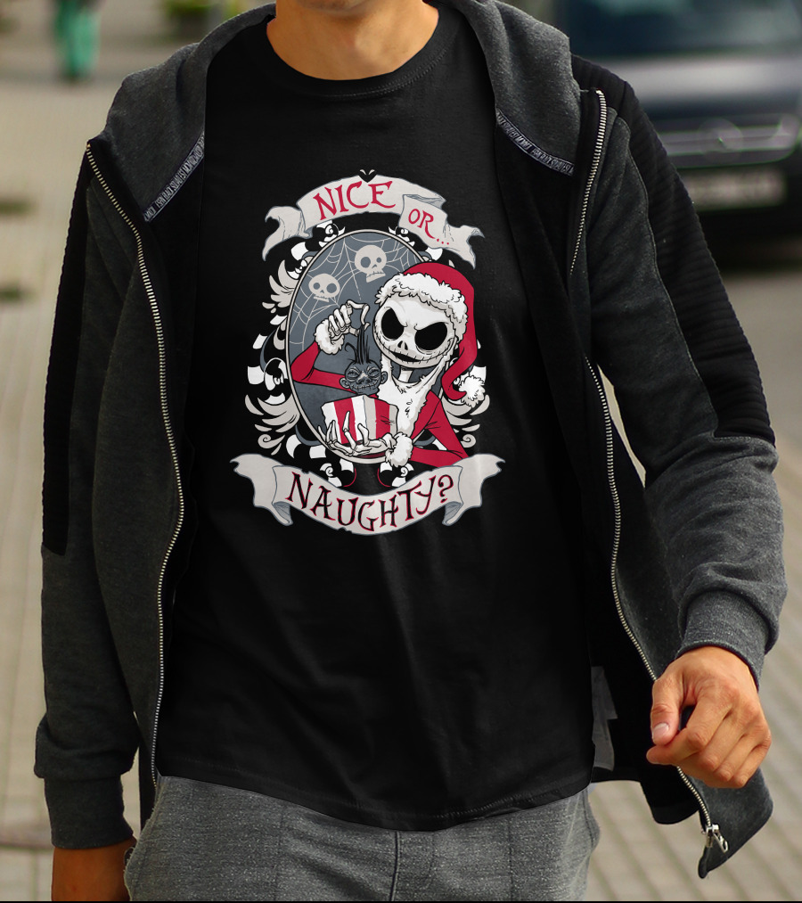 Nice Or Naughty Santa Skeleton With Skull Background T-Shirt