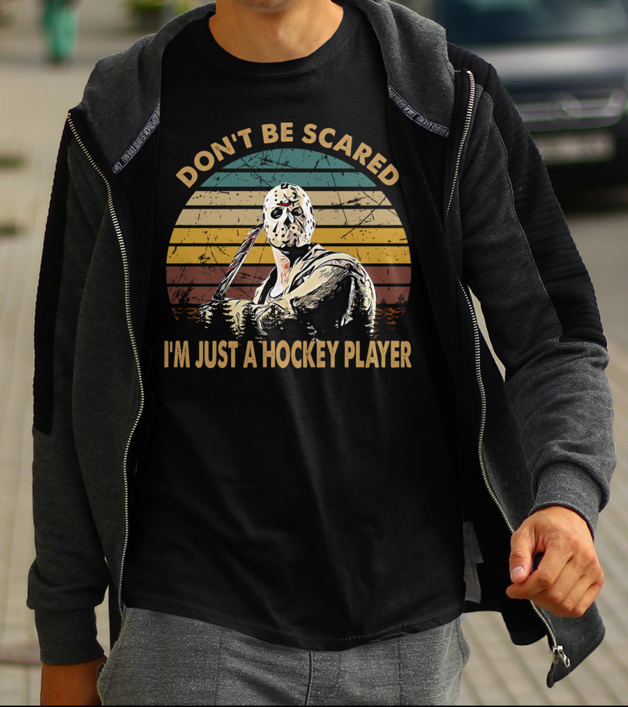 Don't Be Scared I'm Just A Hockey Player Vintage Style Retro Mask T-Shirt
