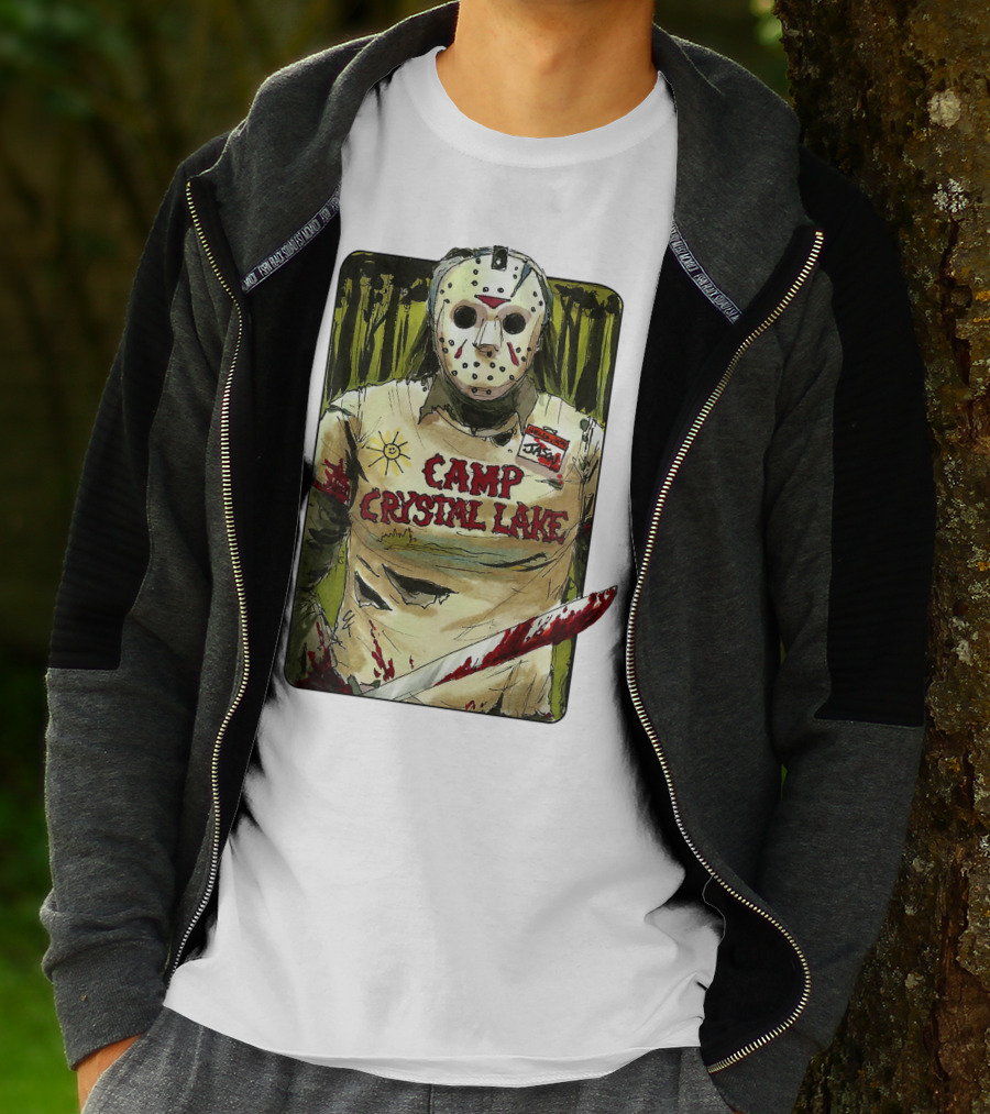 Jason Camp Crystal Lake Horror Mask Blood Stained Machete T-Shirt