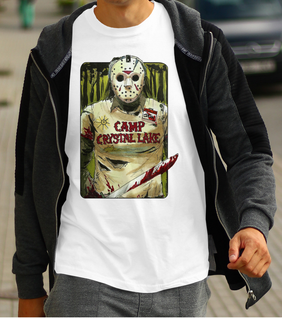 Jason Camp Crystal Lake Horror Mask Blood Stained Machete T-Shirt