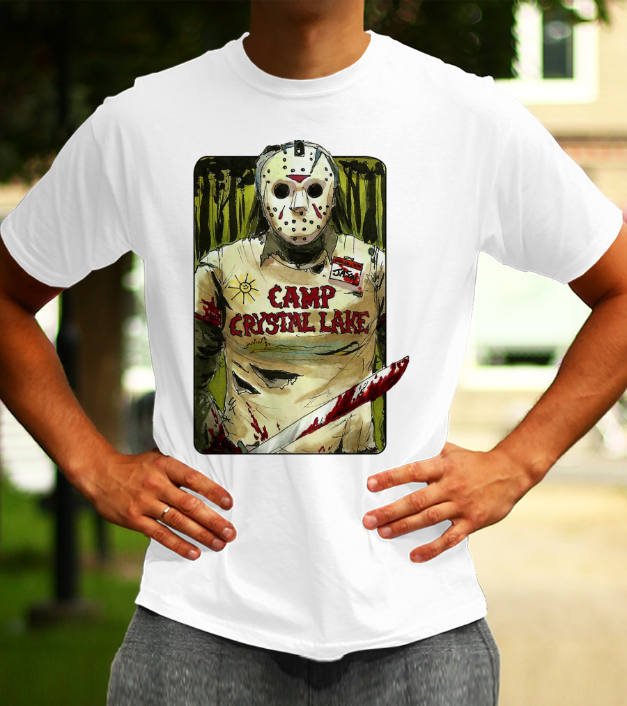 Jason Camp Crystal Lake Horror Mask Blood Stained Machete T-Shirt