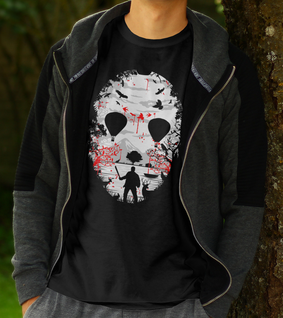 Jason Voorhees Camp Crystal Lake Mask Silhouette Counselor Scene T-Shirt