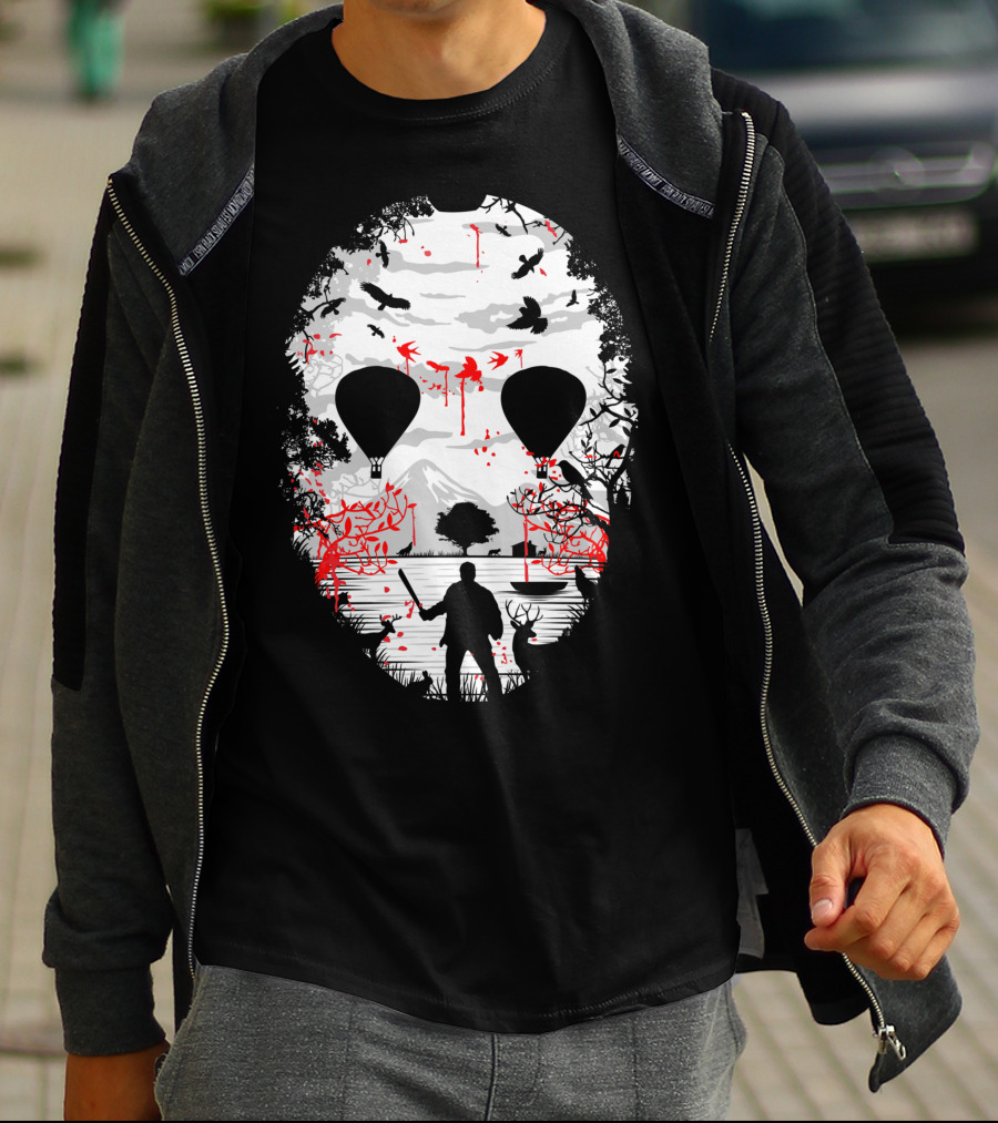 Jason Voorhees Camp Crystal Lake Mask Silhouette Counselor Scene T-Shirt