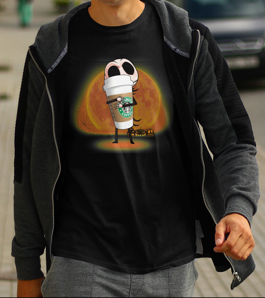 Jack Skellington Hugging Starbucks Coffee Halloween Moon Background T-Shirt