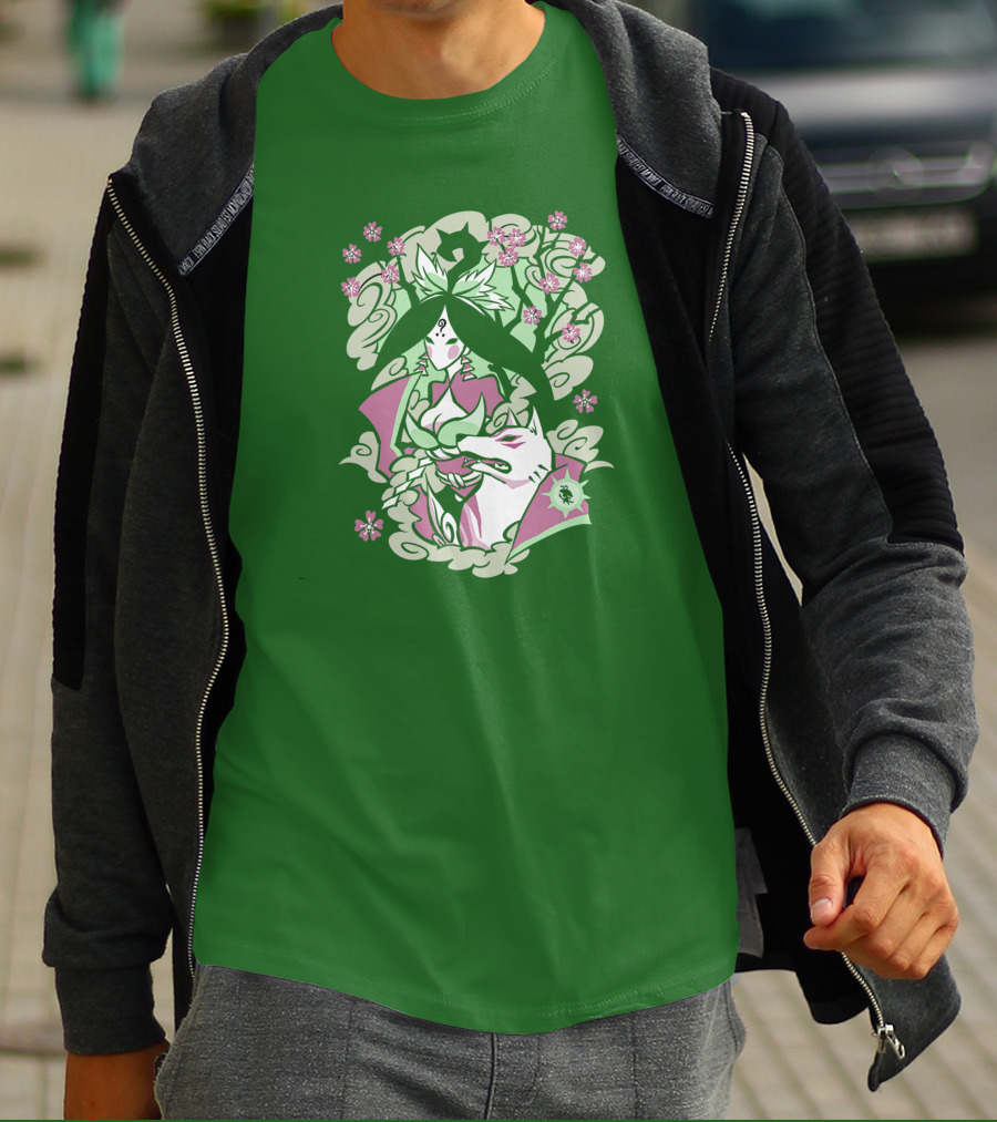 Okami Merch Amaterasu And Cherry Blossoms T-Shirt
