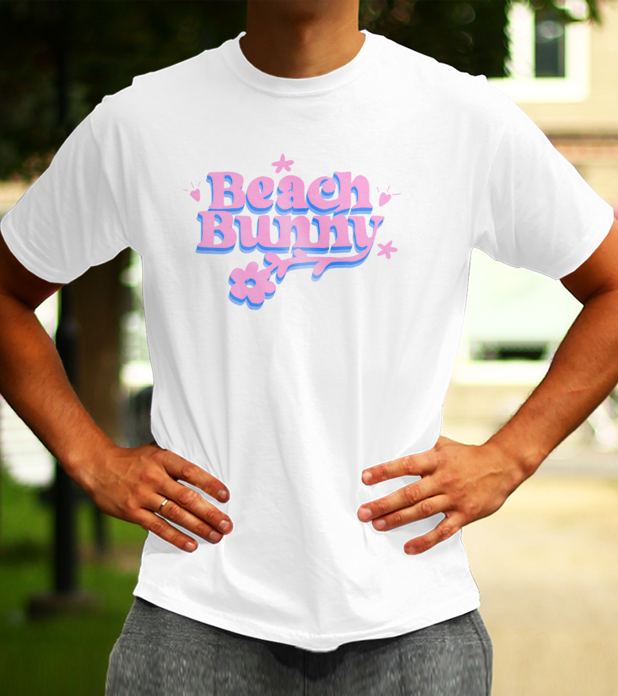 Beach Bunny Pink And Blue Text With Flowers And Hearts T-Shirt