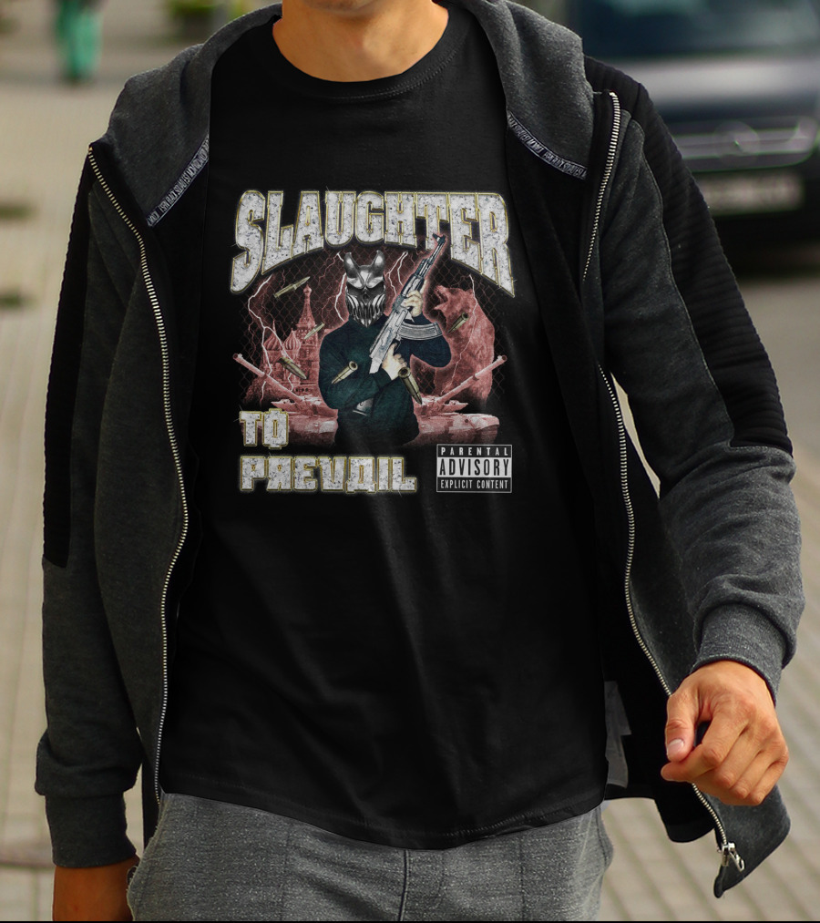 Slaughter To Prevail Explicit Content Masked Figure With Gun And Bullets T-Shirt
