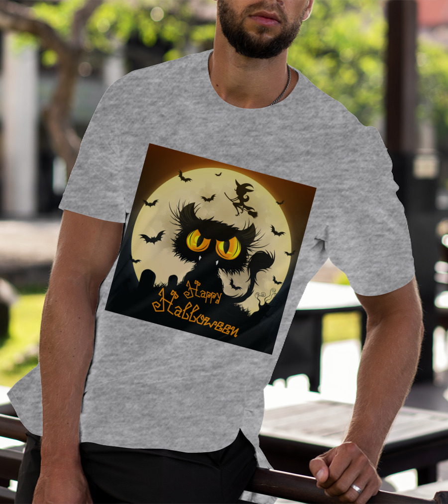 Starry Halloween Cat With Witch And Bats T-Shirt