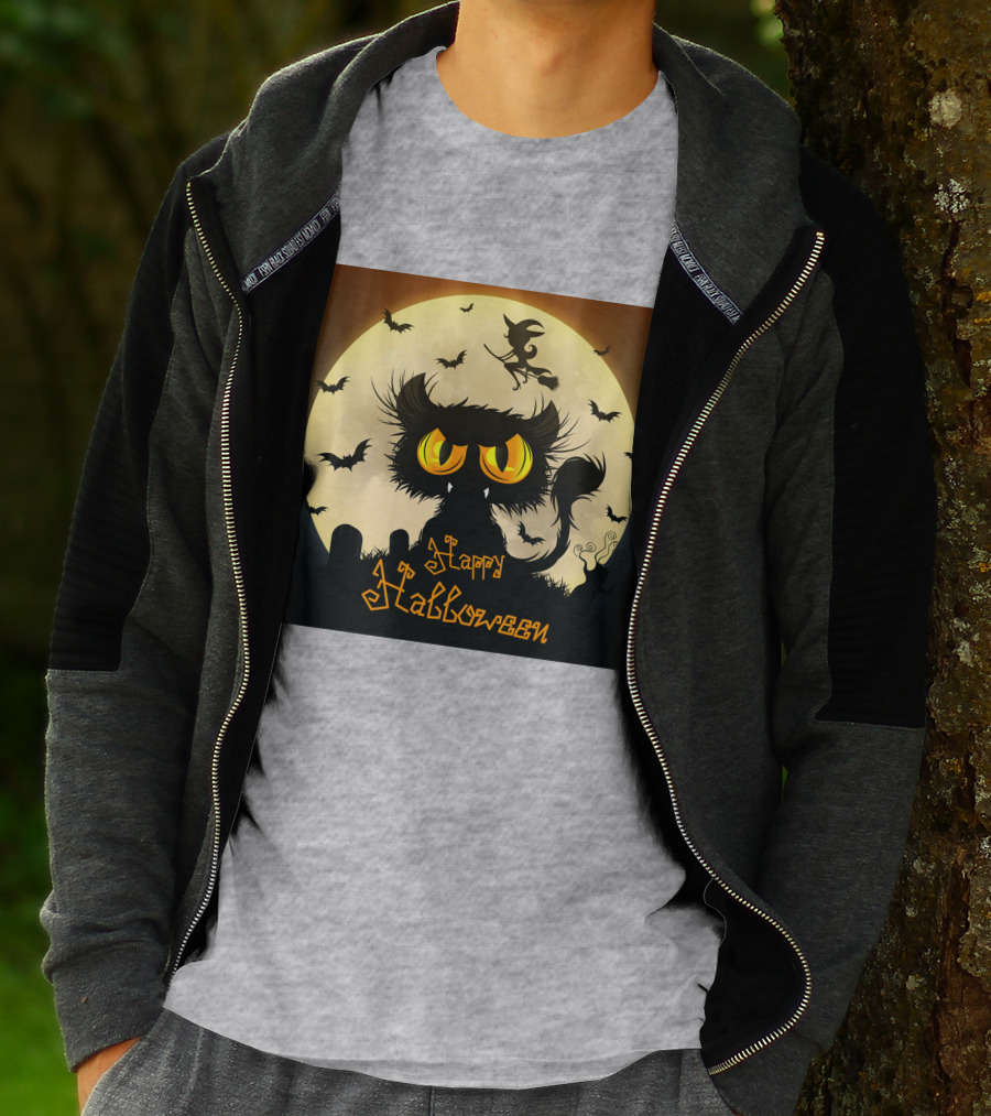 Starry Halloween Cat With Witch And Bats T-Shirt