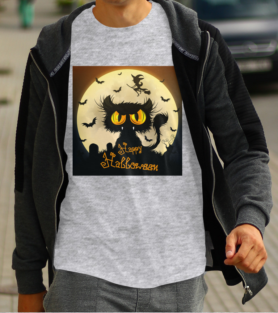 Starry Halloween Cat With Witch And Bats T-Shirt