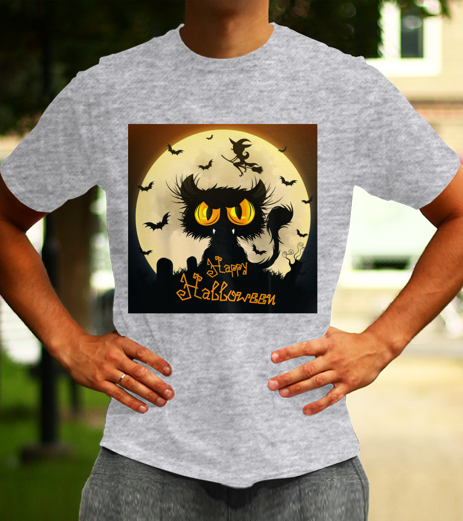 Starry Halloween Cat With Witch And Bats T-Shirt
