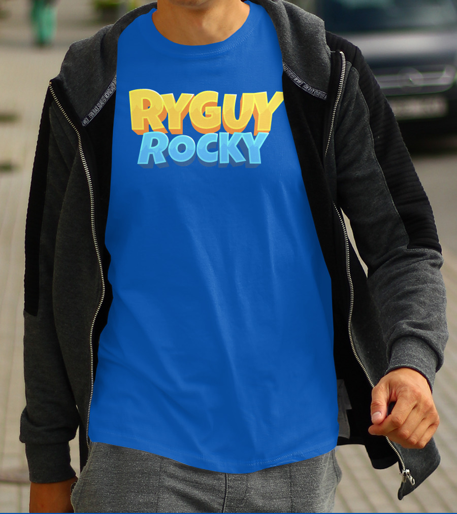 RYGUYROCKY Bold Text Logo Blue Background T-Shirt