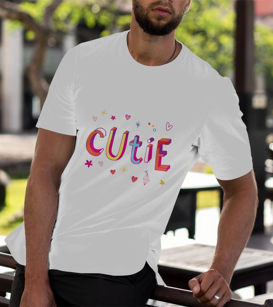 CUTIE Hearts And Stars Colorful Typography T-Shirt