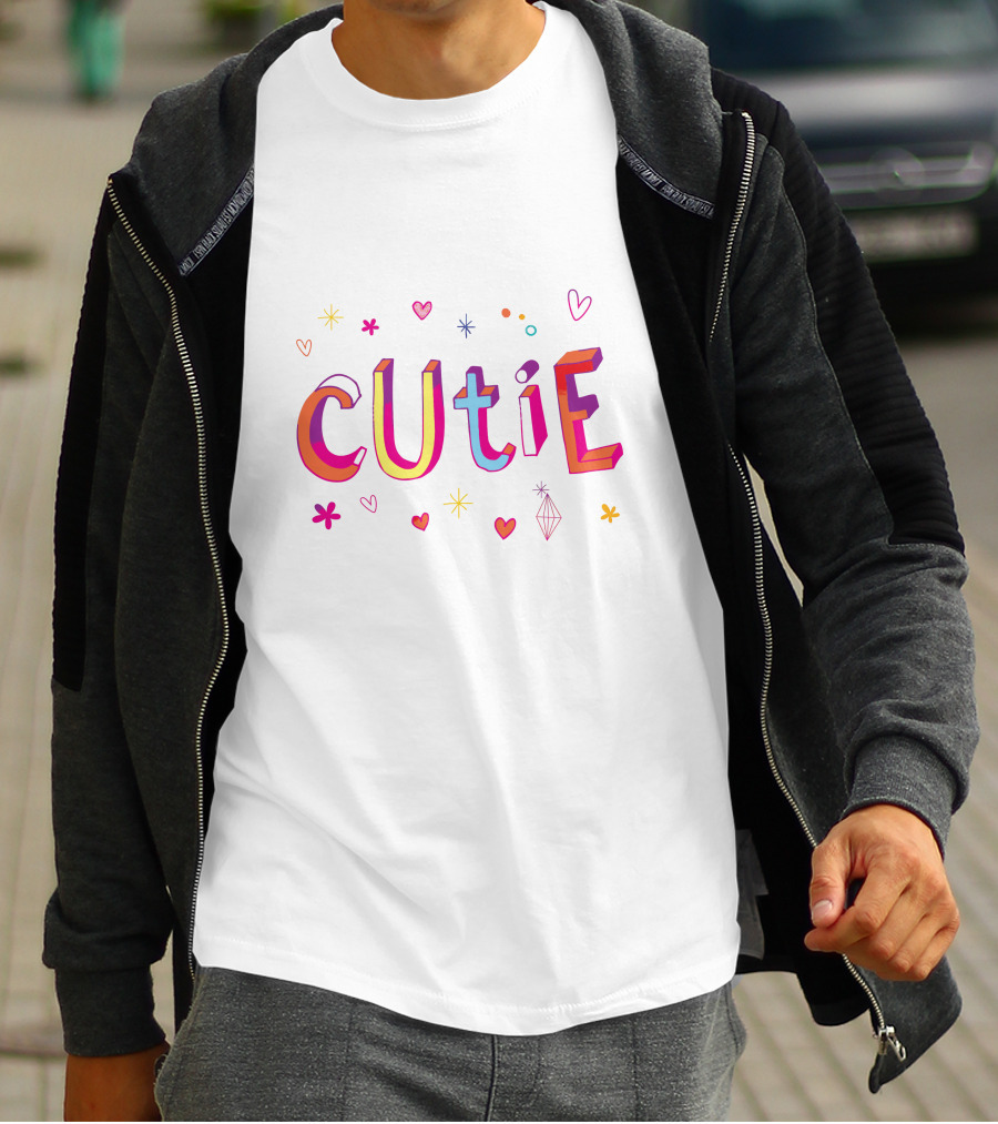 CUTIE Hearts And Stars Colorful Typography T-Shirt