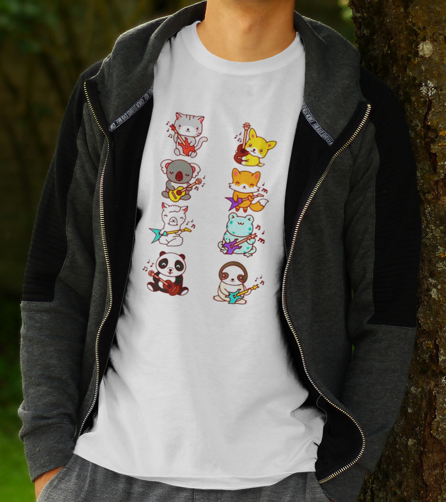 Cat Fox Koala Alpaca Frog Panda Animals Playing Acoustic Electric Guitars Kawaii T-Shirt