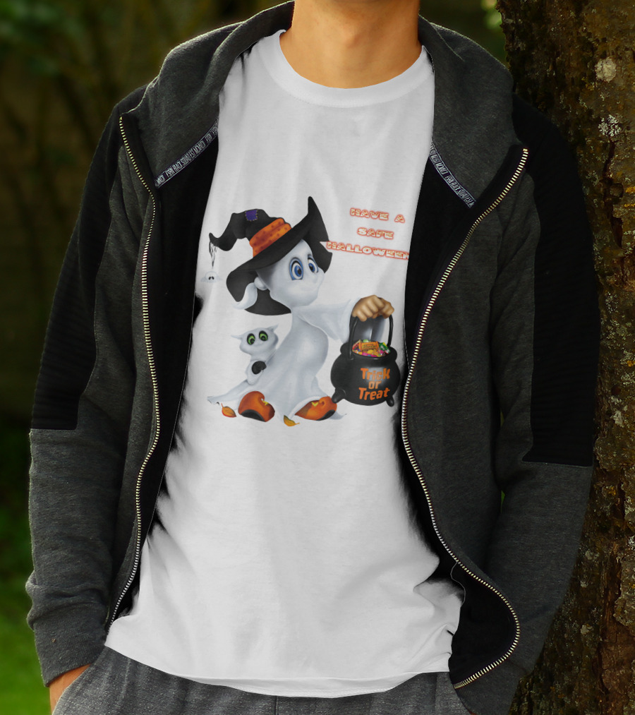 Have A Safe Halloween Trick Or Treat Party Ghost With A Witch Hat And Candy T-Shirt
