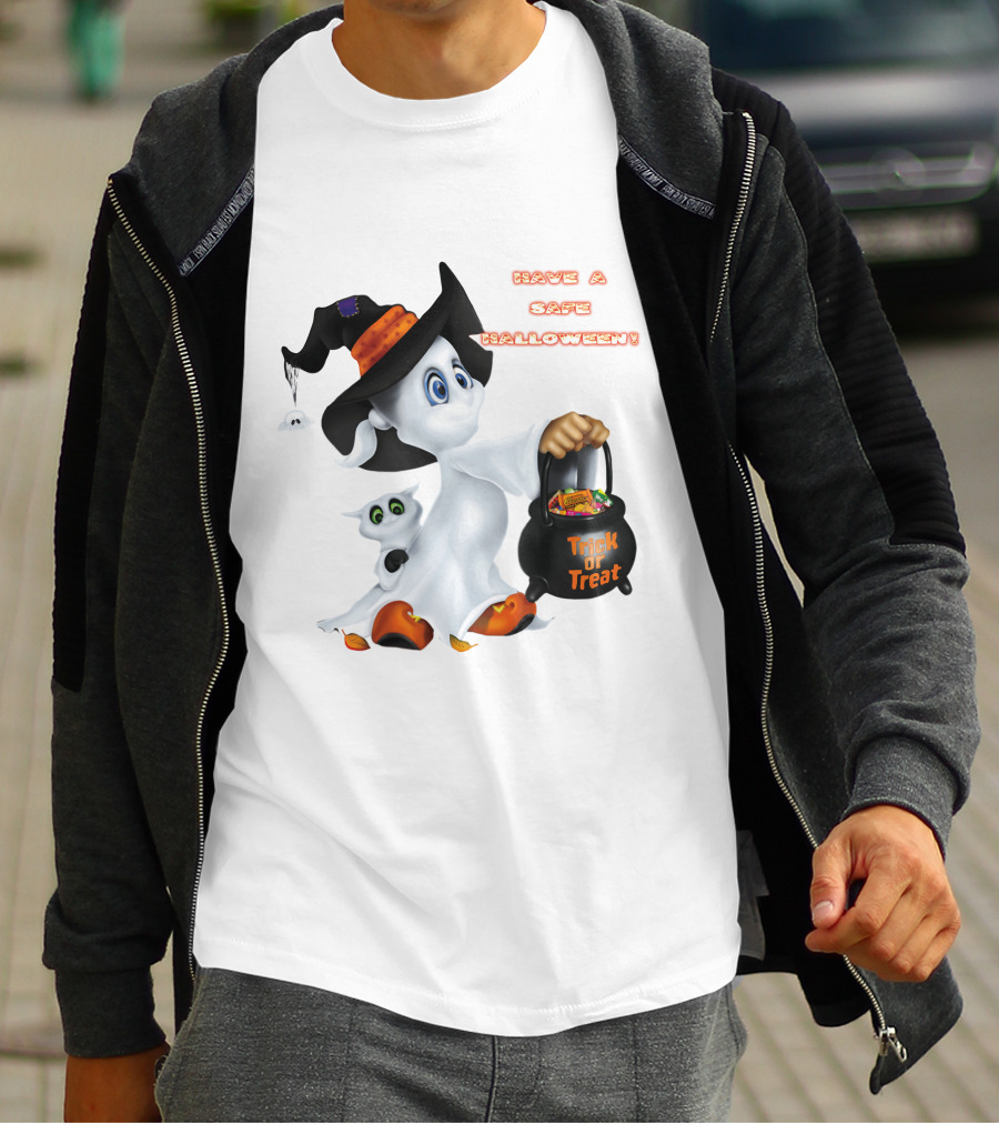 Have A Safe Halloween Trick Or Treat Party Ghost With A Witch Hat And Candy T-Shirt