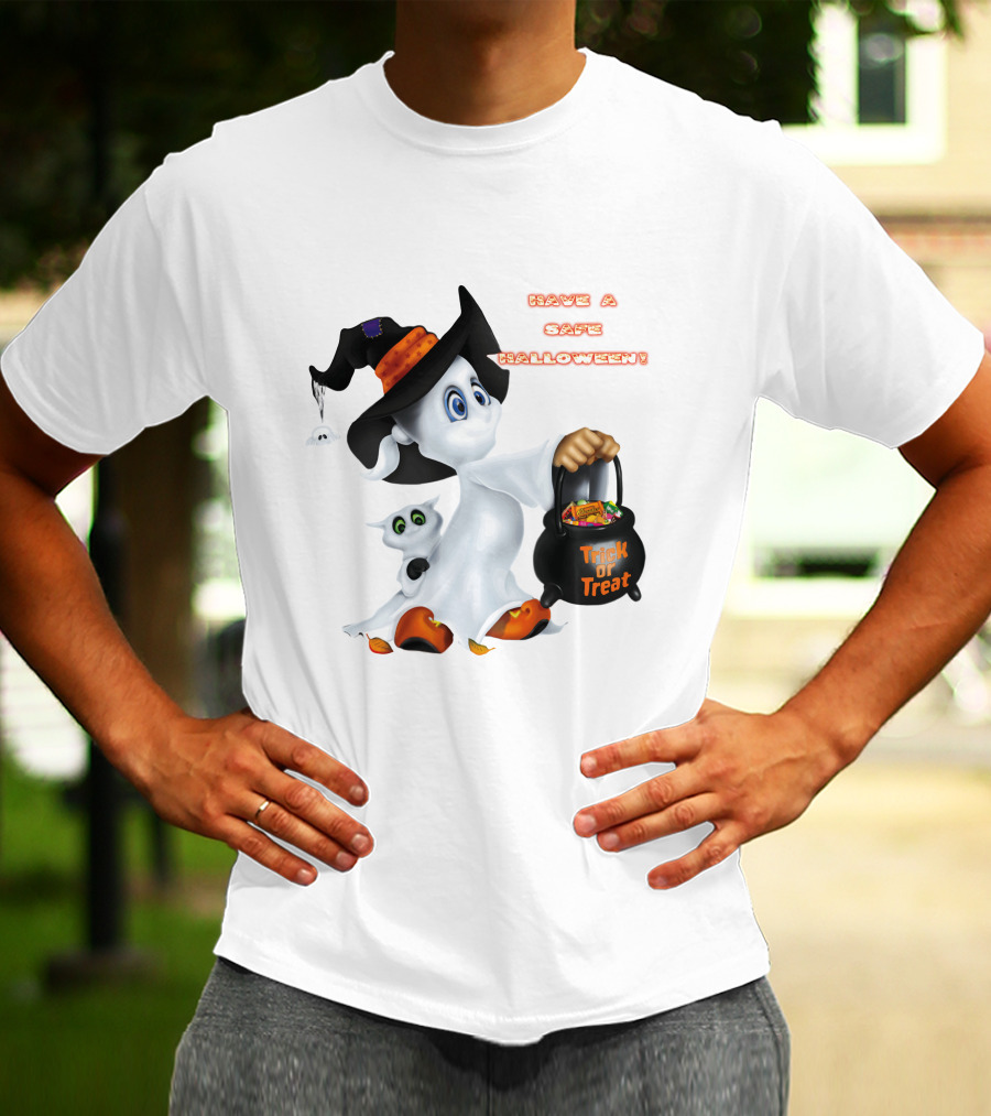 Have A Safe Halloween Trick Or Treat Party Ghost With A Witch Hat And Candy T-Shirt