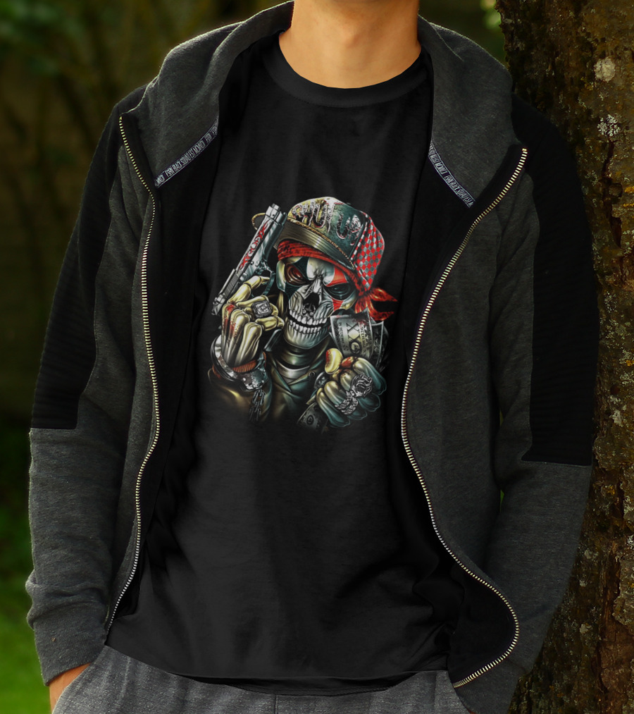 Skull Cap With Gun And Money Holding Skull Face And Knuckle Duster T-Shirt