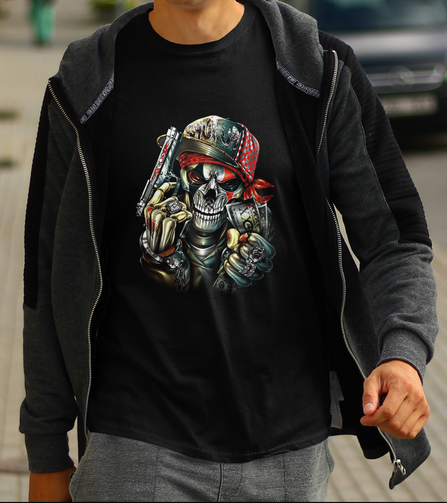Skull Cap With Gun And Money Holding Skull Face And Knuckle Duster T-Shirt