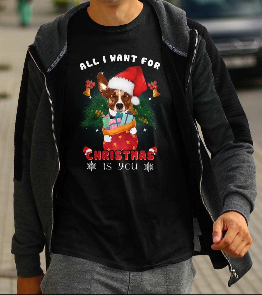 All I Want For Christmas Is You Dog Santa Hat Festive Bells And Gifts T-Shirt