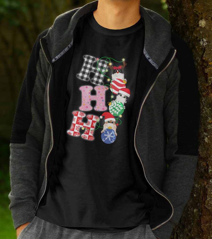 HO HO HO Christmas Cats In Holiday Hats And Ornaments T-Shirt
