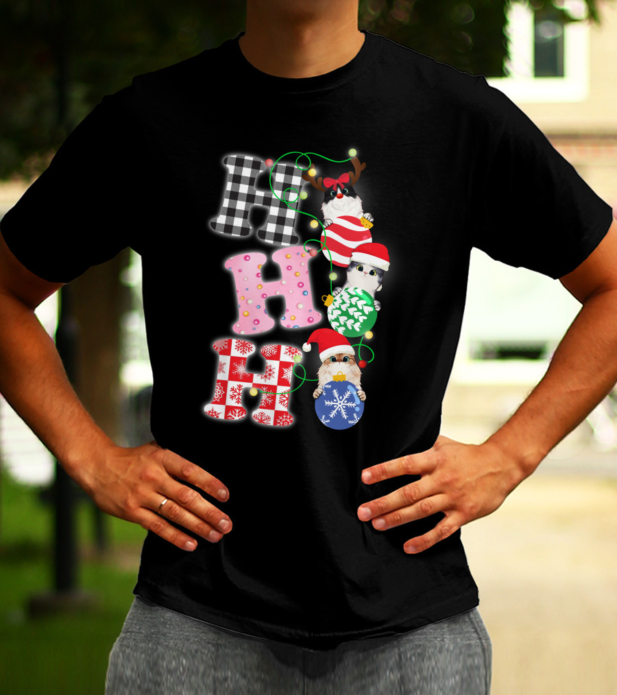 HO HO HO Christmas Cats In Holiday Hats And Ornaments T-Shirt