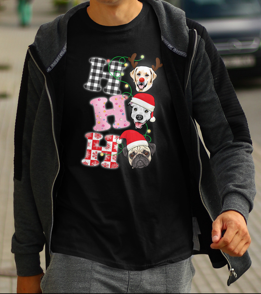 HO HO HO Christmas Dogs With Santa Hats And Reindeer Antlers T-Shirt