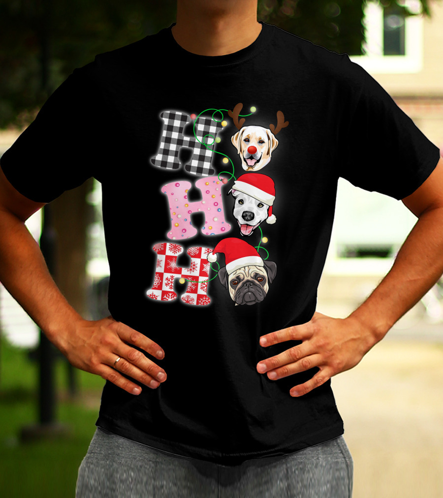 HO HO HO Christmas Dogs With Santa Hats And Reindeer Antlers T-Shirt