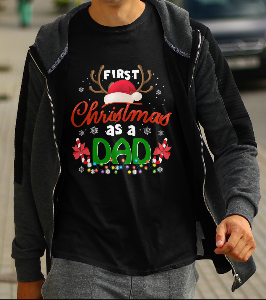 First Christmas As A Dad With Reindeer Antlers Santa Hat And Candy Canes T-Shirt
