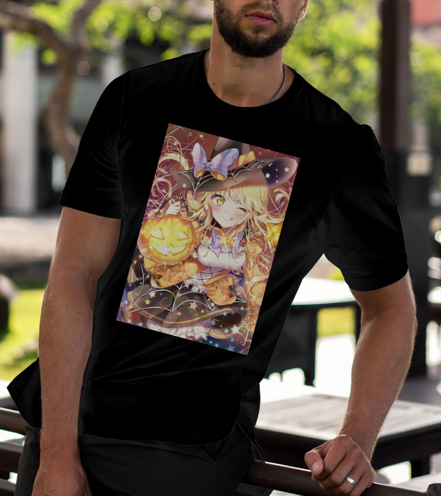 Anime Halloween Witch Girl With Pumpkin Lantern And Stars T-Shirt